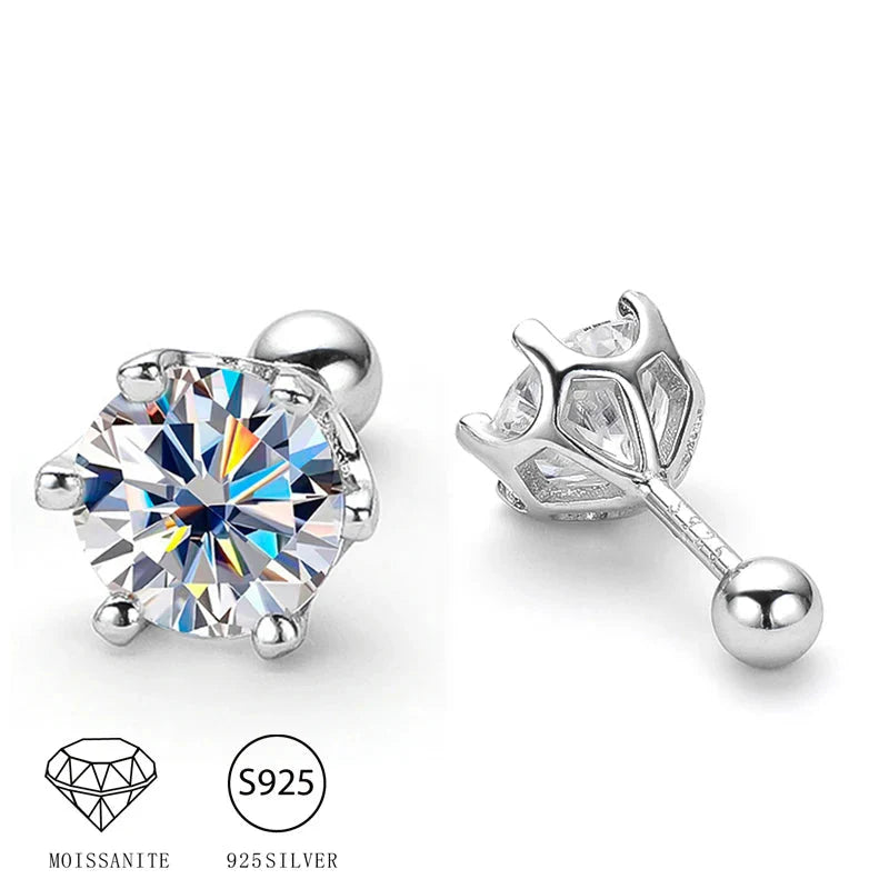925 Sterling Silver Moissanite Stud Earrings 0.5-1ct Pair 6-Claw Screw Back BandsCo Straps