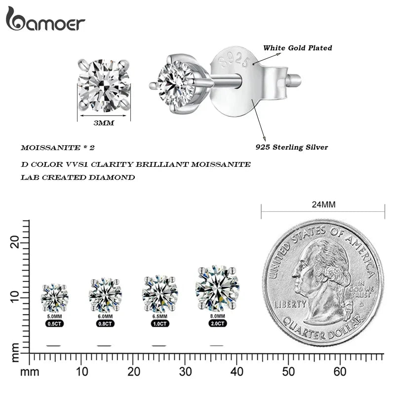 925 Sterling Silver Moissanite Stud Earrings VVS1 Lab Diamond Gift Unisex Party BandsCo Straps