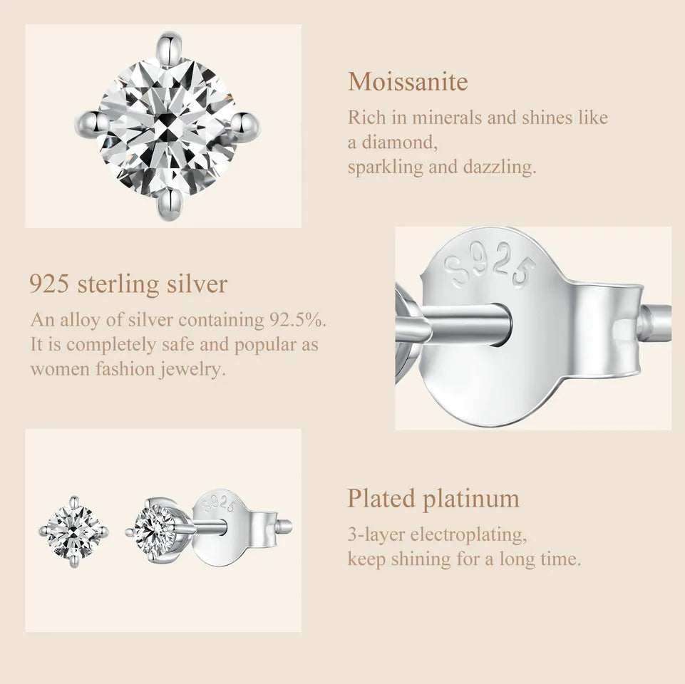 925 Sterling Silver Moissanite Stud Earrings VVS1 Lab Diamond Gift Unisex Party BandsCo Straps