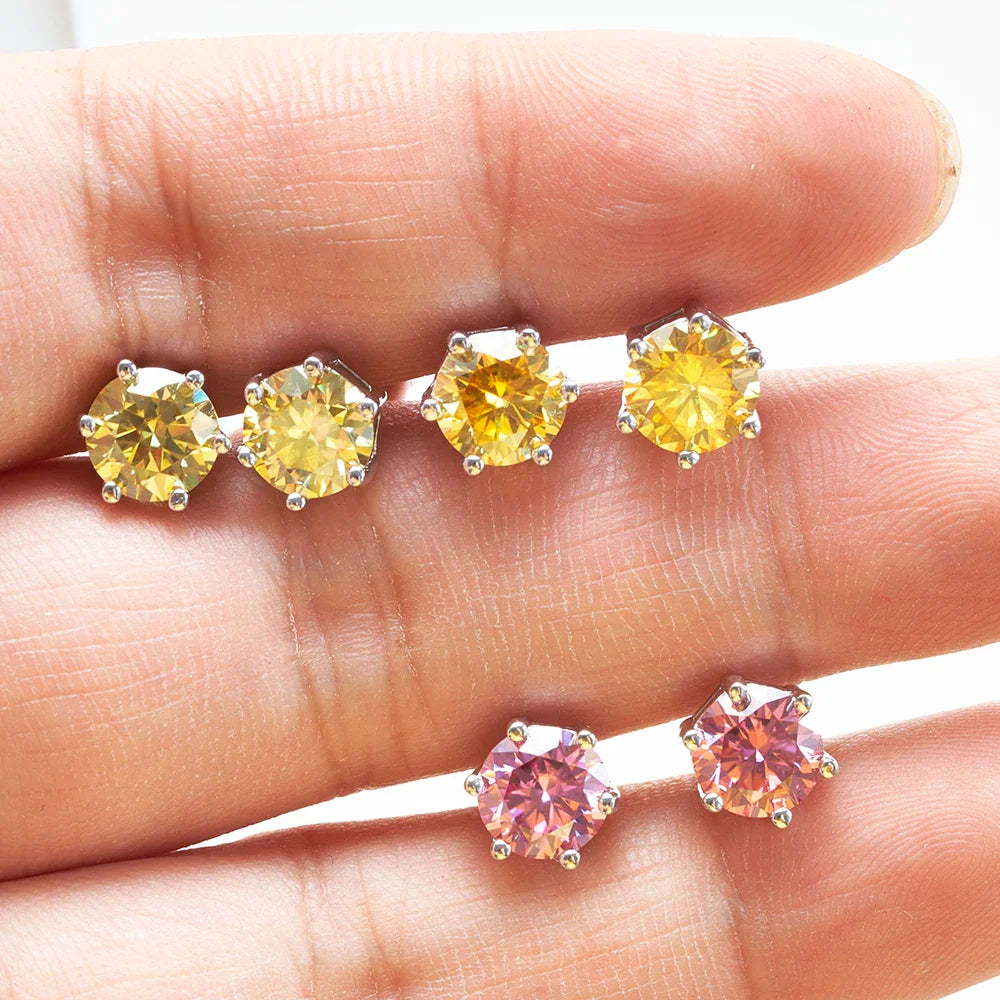 925 Sterling Silver Moissanite Stud Earrings Round VVS1 Pink Yellow Gift BandsCo Straps