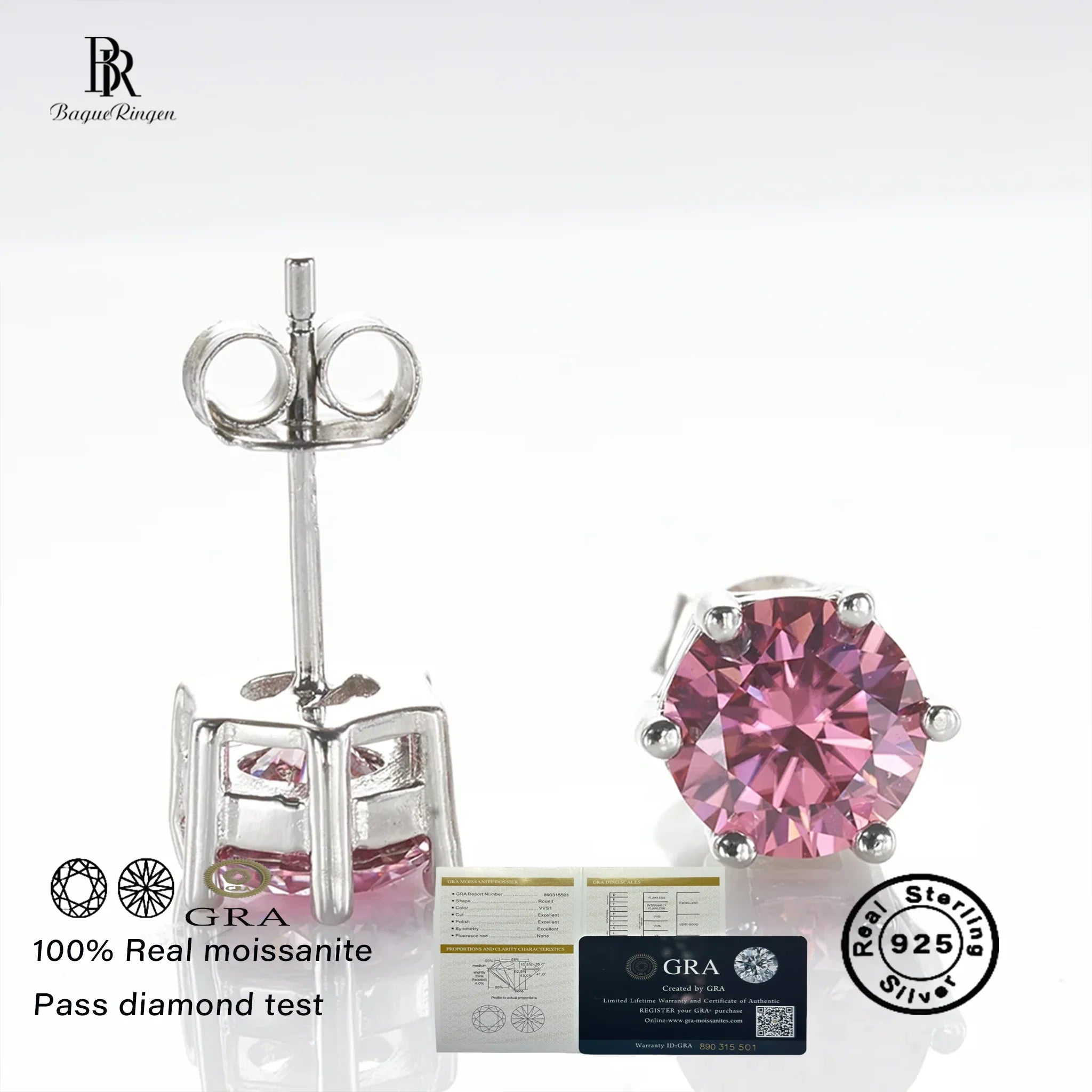 925 Sterling Silver Moissanite Stud Earrings Round VVS1 Pink Yellow Gift BandsCo Straps