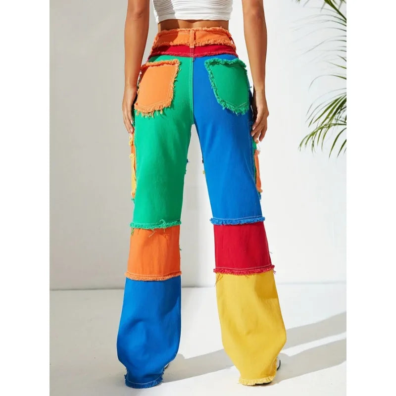 Distressed Color Patchwork Women Denim Pants Fringe High Waist Zipper Fly Jeans 2023 Fall Winter Y2K Streetwear Sexy Club Outfit Purplish Diva