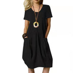 Women's Dress With Pockets Cotton Linen Solid Color Loose Round Neck Short Sleeve Dress Summer Pi-Mart
