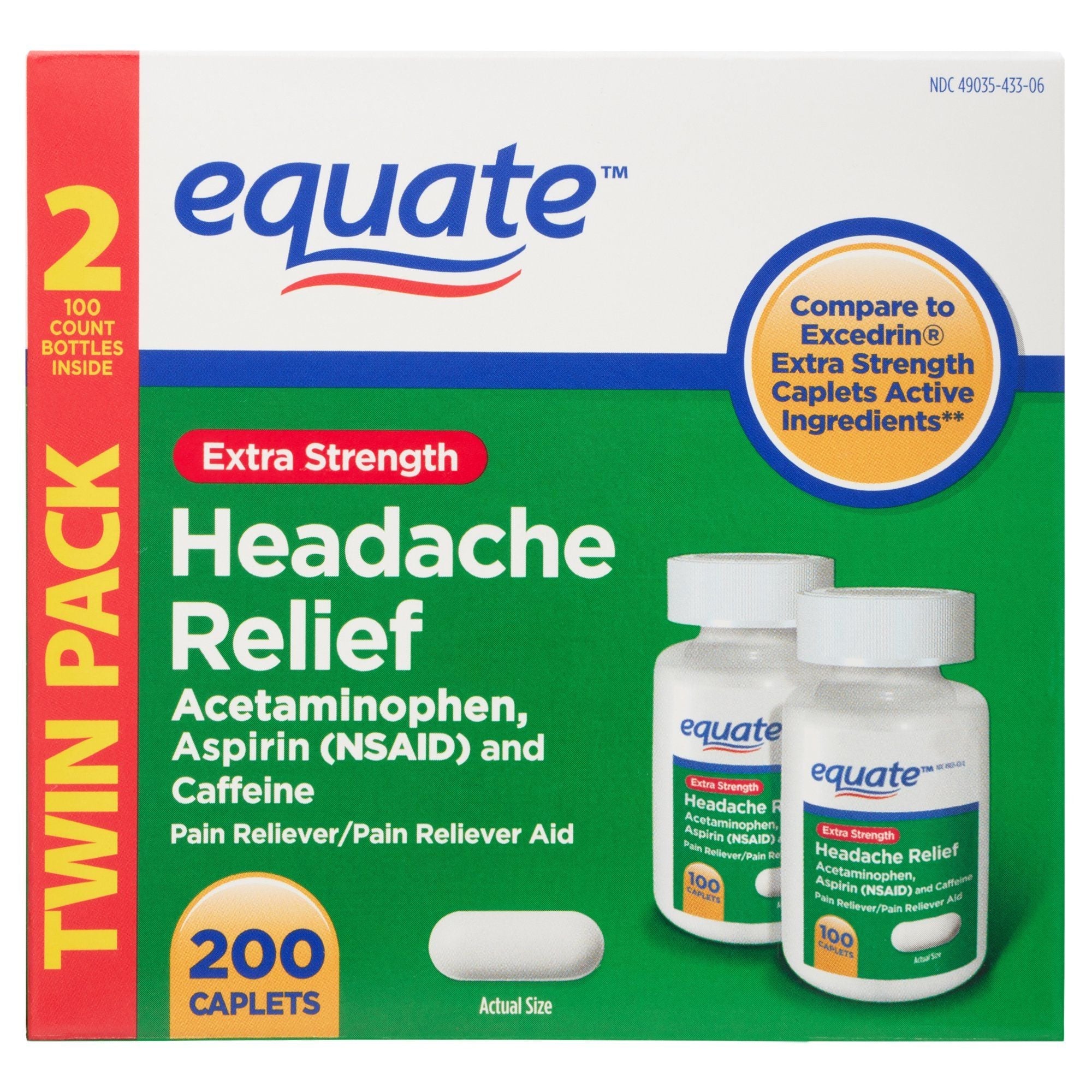 Equate Extra Strength Headache Relief Caplets; 250 mg; 100 Count; Twin Pack