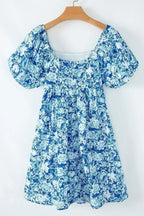 Blue Floral Puff Sleeve Babydoll Mini Dress