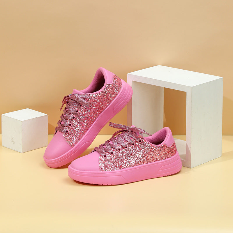 Glitter Sequin Design Flats Shoes Women Trendy Casual Thick-soled Lace-up Sneakers Fashion Skateboard Shoes Pi-Mart