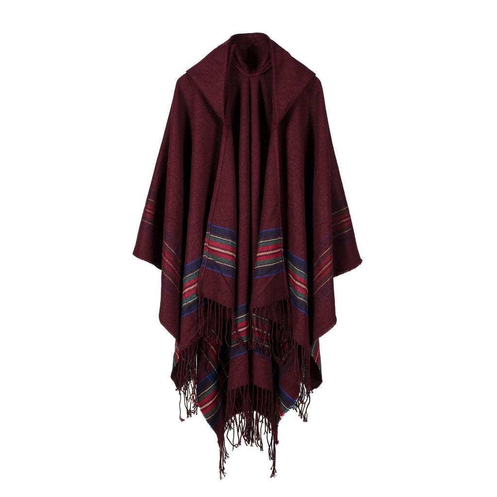 Oversized Scottish Hooded Cardigan - Fashionable Striped Shawl with Luxurious Tassels - Cozy, Windproof & Coldproof for Autumn Winter Outdoors - A Plush Blanket Shawl Cloak Lootquake LLC