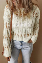 White Crochet Crew Neck Sweater - Loose Fit & High Elasticity | Femstylo