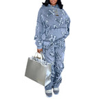 Fitness Women 2 Piece Set Fake Denim Printed Baggy Hoodies Jogging Pants Matching Set 2023 Fall Winter Outfits Sporty Tracksuits Purplish Diva