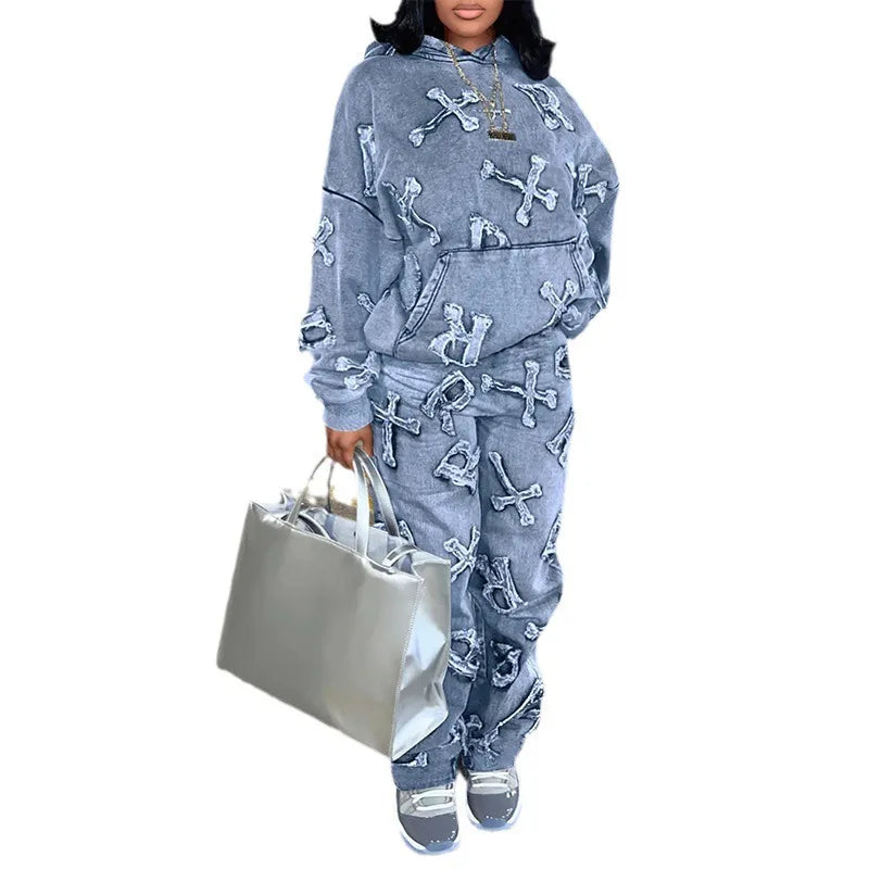 Fitness Women 2 Piece Set Fake Denim Printed Baggy Hoodies Jogging Pants Matching Set 2023 Fall Winter Outfits Sporty Tracksuits Purplish Diva
