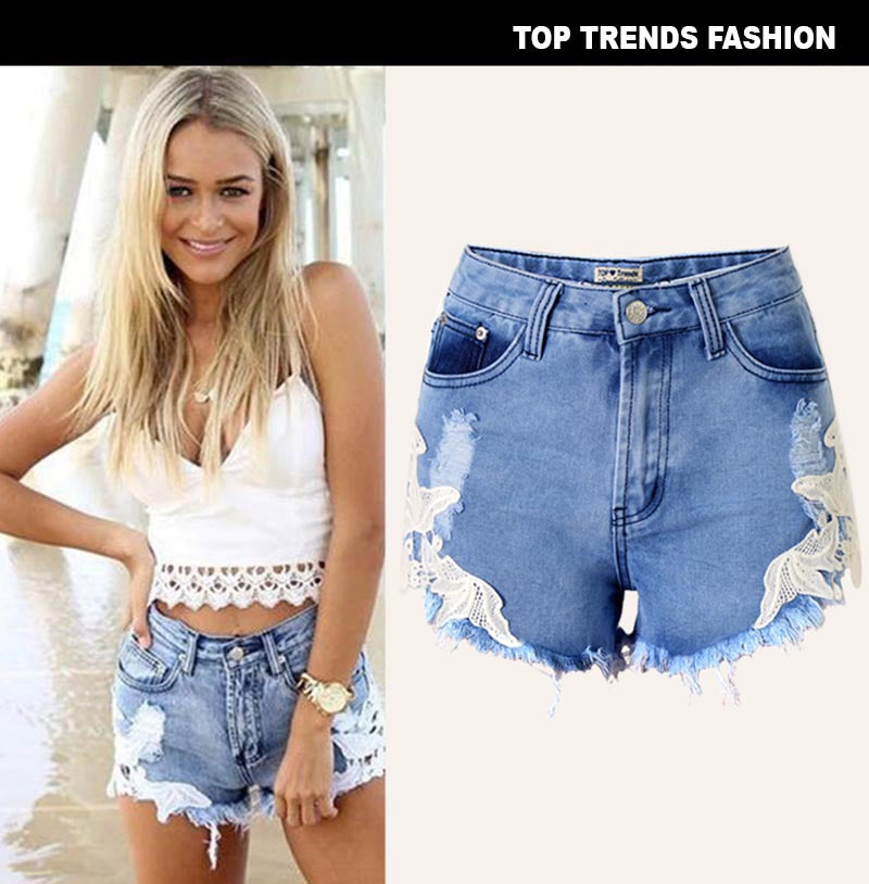Women's Cutoff Pocket Distressed Ripped Jean Denim Shorts Lace Beach Vacation Bohemian Western Hot Pants - SJB-DIAMOND ELITES