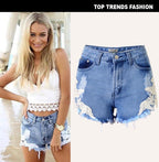 Women's Cutoff Pocket Distressed Ripped Jean Denim Shorts Lace Beach Vacation Bohemian Western Hot Pants - SJB-DIAMOND ELITES