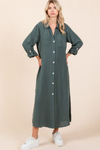 Airflow V-Neck Long Sleeve Button Down Maxi Dress For Women, Casual, Elegant and Versatile Maxi Dress with Button Detail and Slit for Effortless Style Stevvex