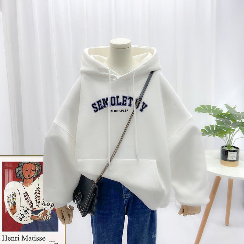 Ladies Sweatshirt Casual Hooded Large Pocket Print Letter Long Sleeve Top Pi-Mart