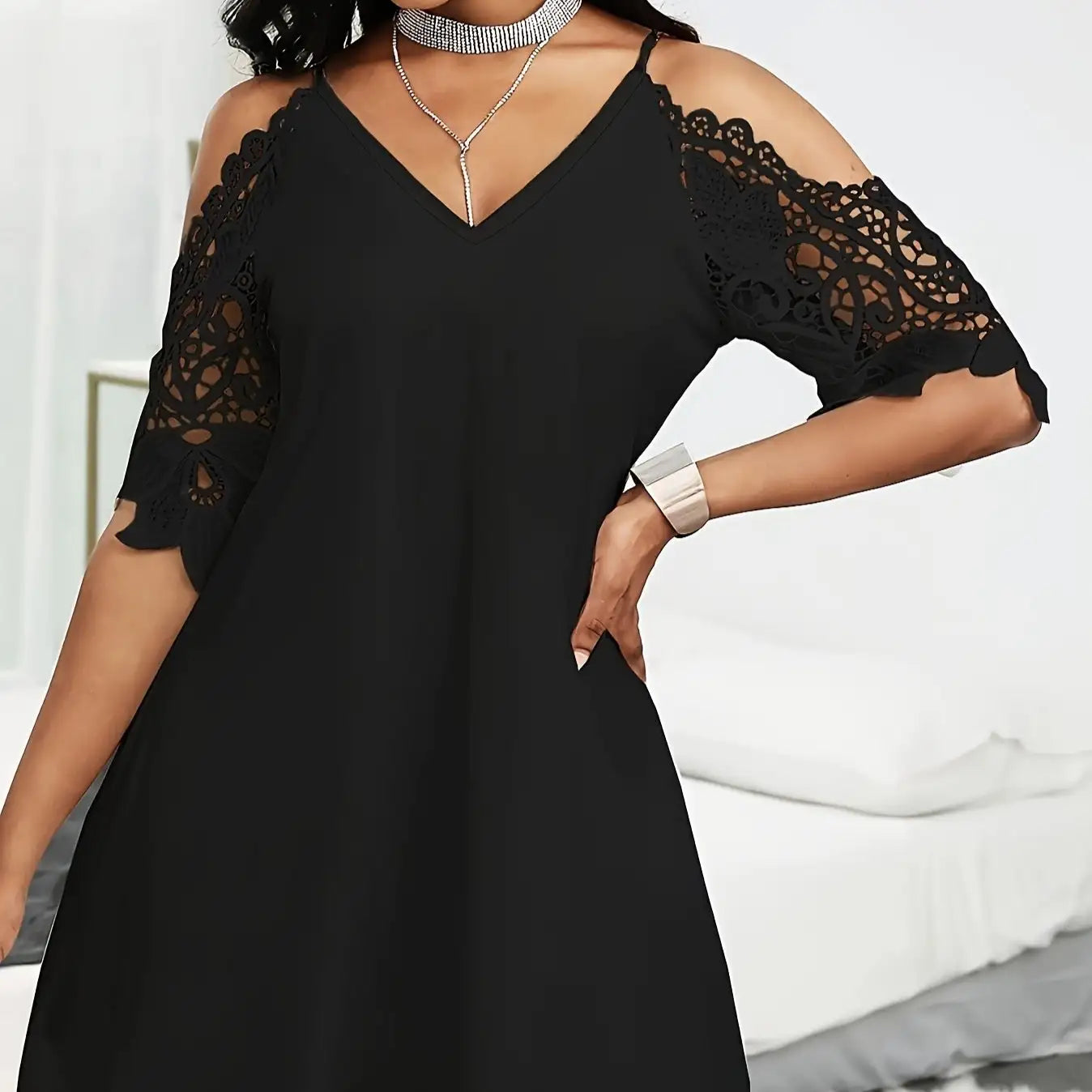 Ladies' V-neck Fashionable Loose Off Shoulder Half Sleeved One Shoulder Crochet Lace Hollow Out Casual Mini Dress - SJB-DIAMOND ELITES