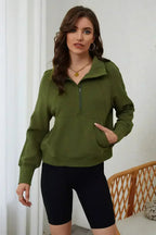 Moss Green Quarter Zip Stand Neck Kangaroo Pocket Sweatshirt
