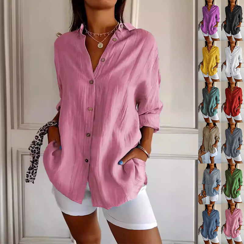 Lapel Long Sleeve Shirt Women's Single-breasted Pleated Shirt Pi-Mart
