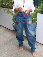 Hollow Elastic Women Demin Jeans High Waist Pockets Causal Vintage Bottoms Female Fashion Y2K Streetwear Clothing Purplish Diva