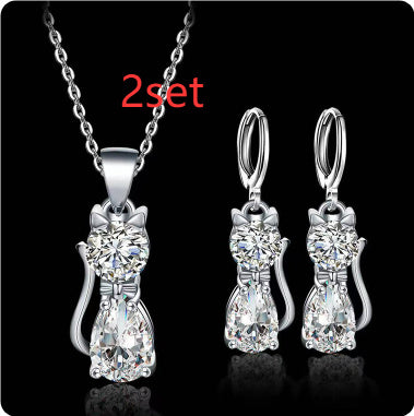 Cute Kitty Zircon Pendant Alloy Plated Silver Accessories Necklace Pi-Mart