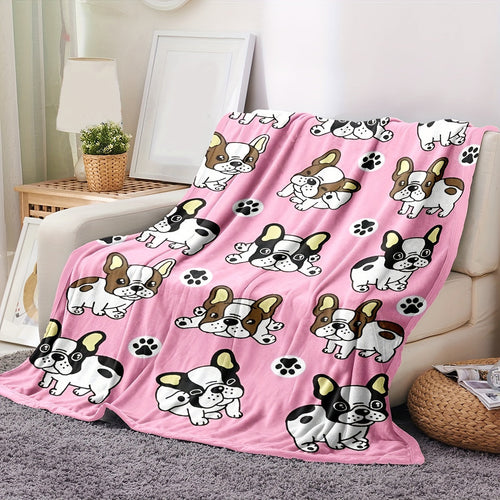 1pc Cute French Bulldog Pattern Flannel Throw Blanket, Modern Polyester Rectangular Blanket For Multiple Use, Traditional Style, Soft & Cozy For Home Decor Lootquake LLC