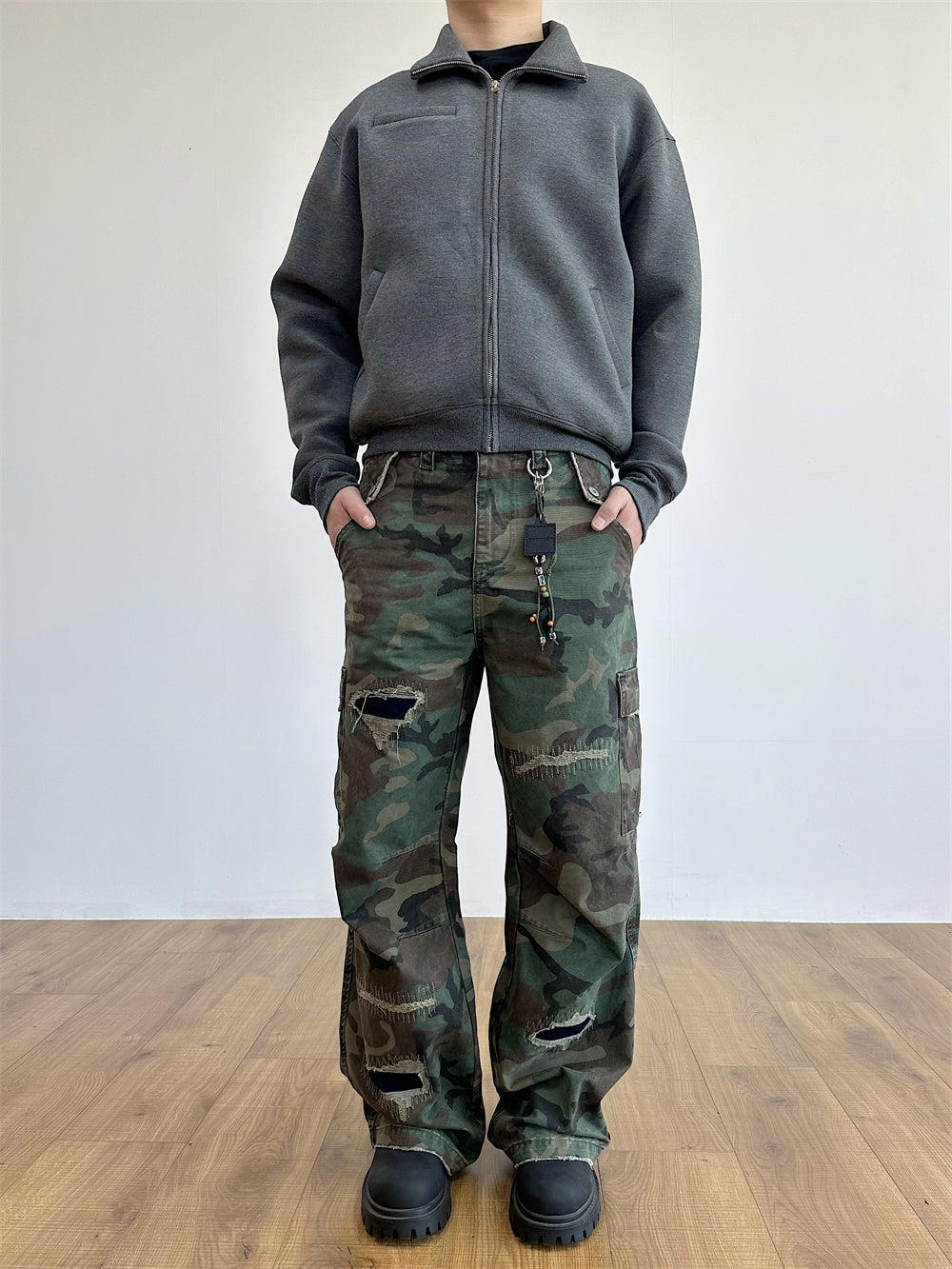 Distressed Military Camouflage Destruction Affixed Cloth Embroidered Loose Straight Cargo Pants Lootquake LLC