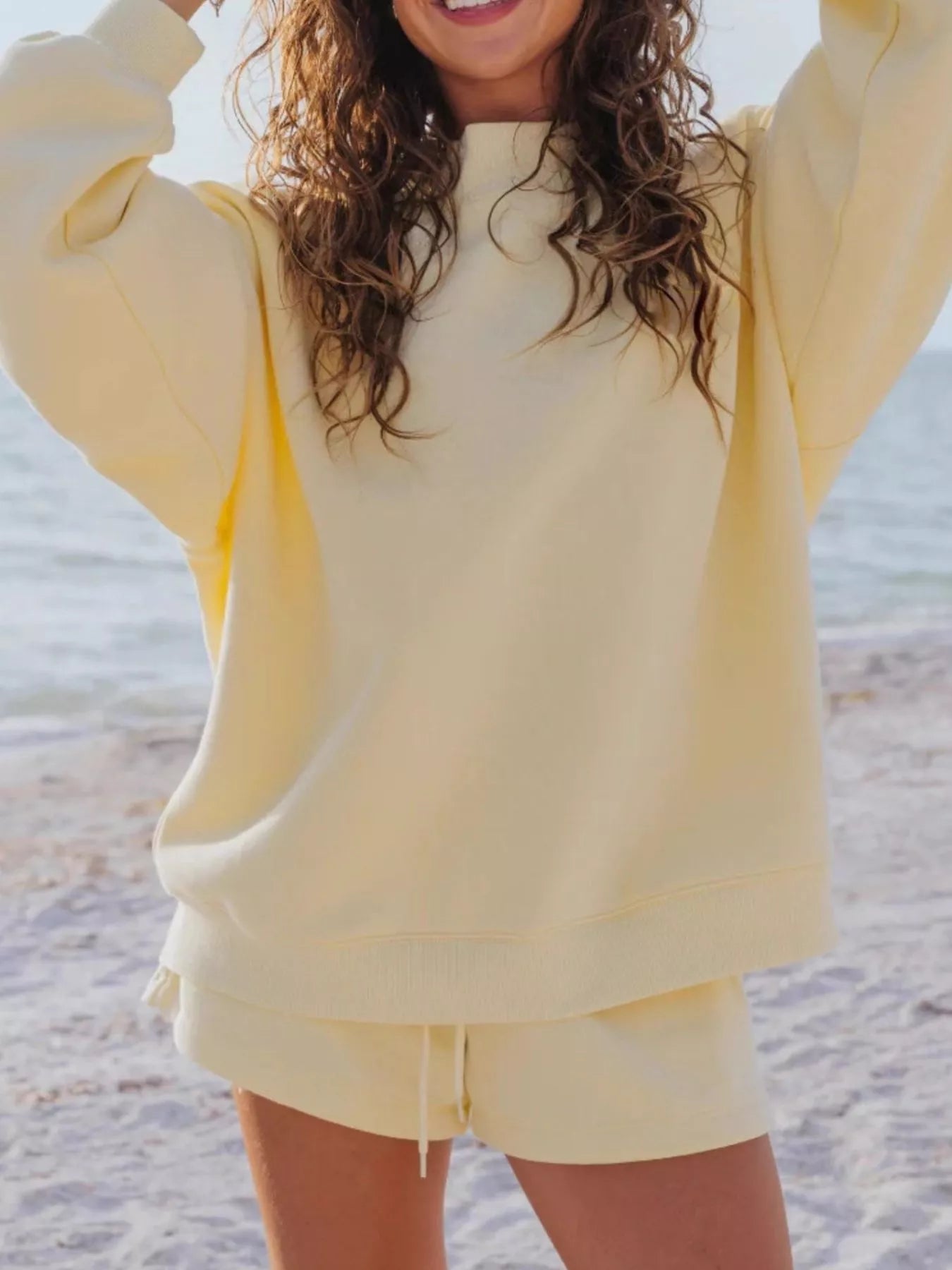 Relaxed Fit Round Neck Sweatshirt and Shorts Set THRIXINE