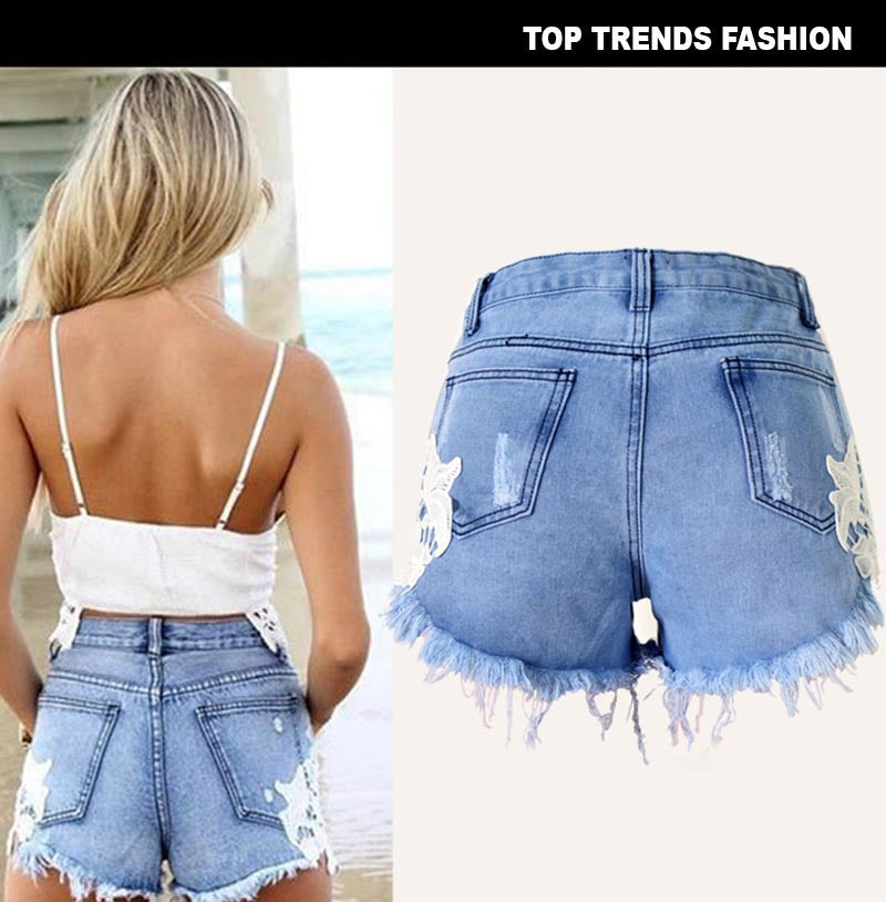 Women's Cutoff Pocket Distressed Ripped Jean Denim Shorts Lace Beach Vacation Bohemian Western Hot Pants - SJB-DIAMOND ELITES
