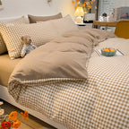Pure Color Washed Cotton Four-piece Set Of Plaid Striped Sheets Quilt Cover Bedding Pi-Mart