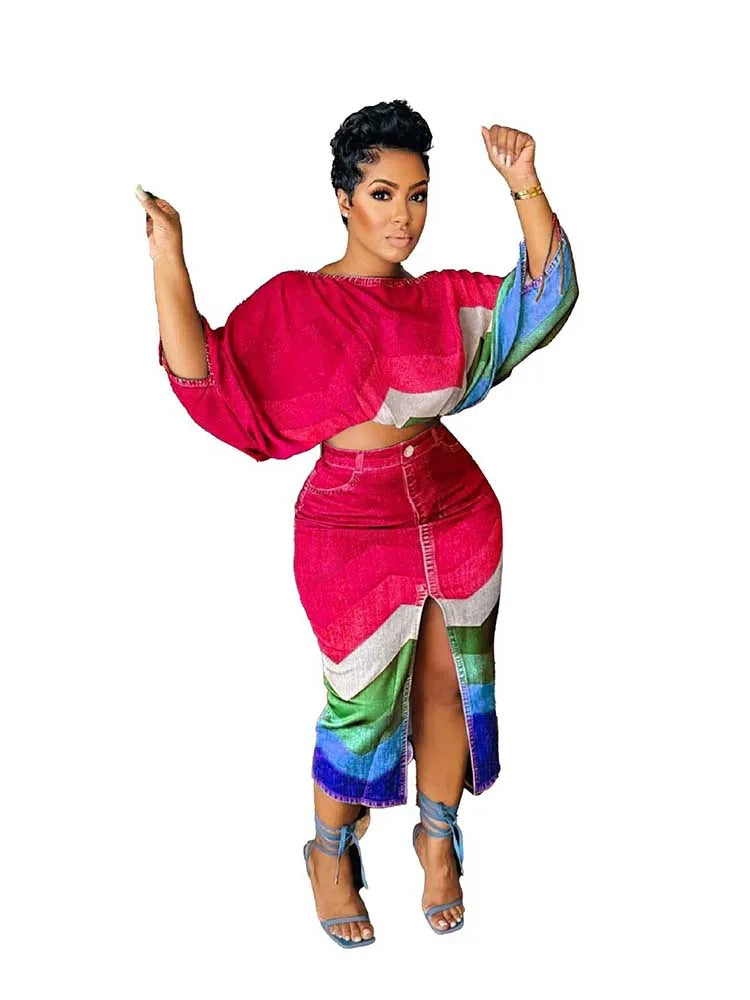 2 Piece Outfit Set Women Streetwear Summer Outfits with Skirts Fake Denim Print Elegant Chic Open Split Skirt Long Sexy Female Purplish Diva