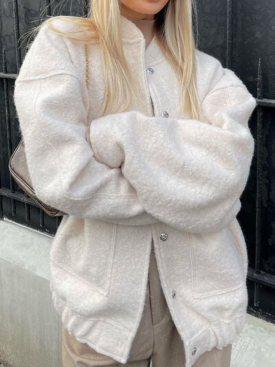 Autumn Casual Full Size Drop Shoulder Snap Down Jacket with Buttoned Front and Pockets Stevvex