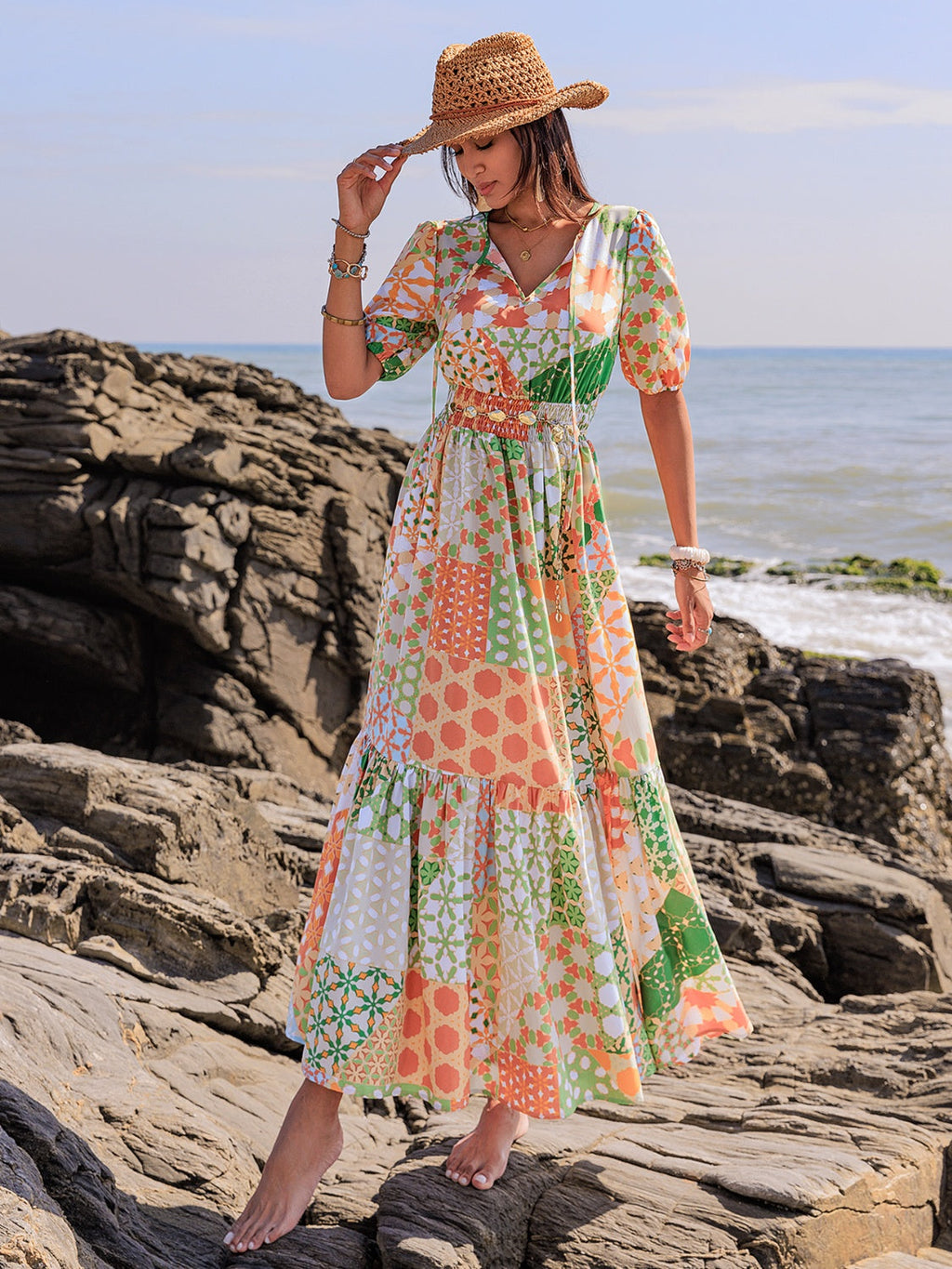 Printed Smocked Waist Short Sleeve Maxi Dress Elegant & Flowy Boho Style Dresses For Women