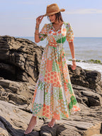 Printed Smocked Waist Short Sleeve Maxi Dress Elegant & Flowy Boho Style Dresses For Women