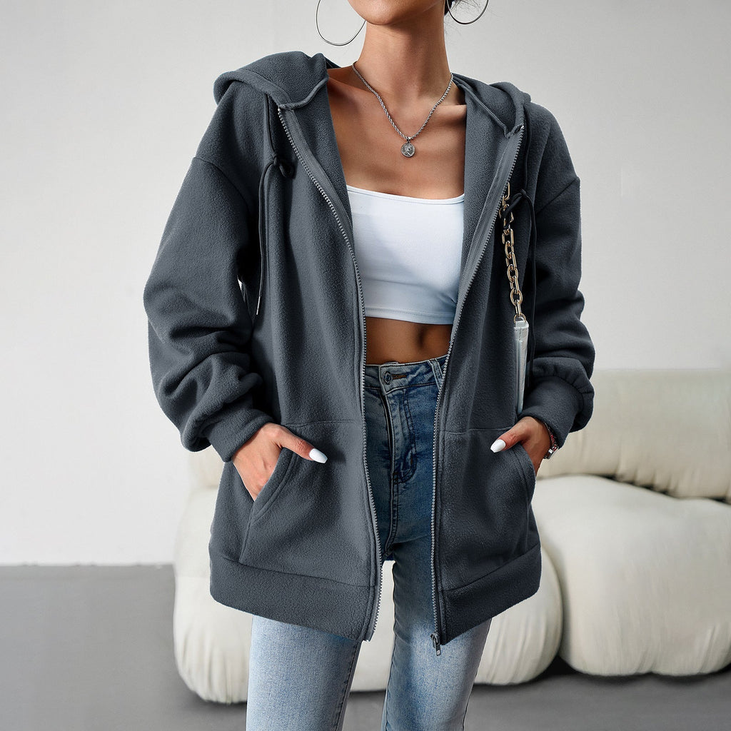 Casual Fashion Hooded Cardigan Jacket With Pockets Winter And Autumn Loose Sports Coat Women Solid Outwear Clothing Pi-Mart