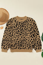 Light French Beige Rib Trim Round Neck Leopard Print Off-shoulder Sweater Pi-Mart