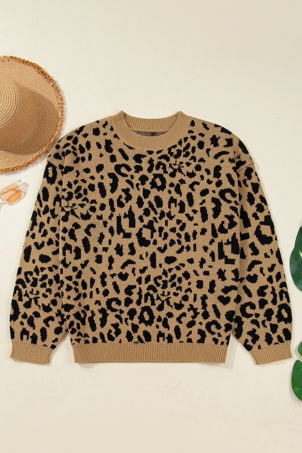 Light French Beige Rib Trim Round Neck Leopard Print Off-shoulder Sweater Pi-Mart