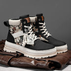 Men's Print Boots Autumn And Winter High-top British Style Comfy Breathable Casual Flat Shoes Outdoor Walking Running Boots Pi-Mart