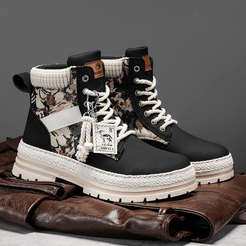 Men's Print Boots Autumn And Winter High-top British Style Comfy Breathable Casual Flat Shoes Outdoor Walking Running Boots Pi-Mart
