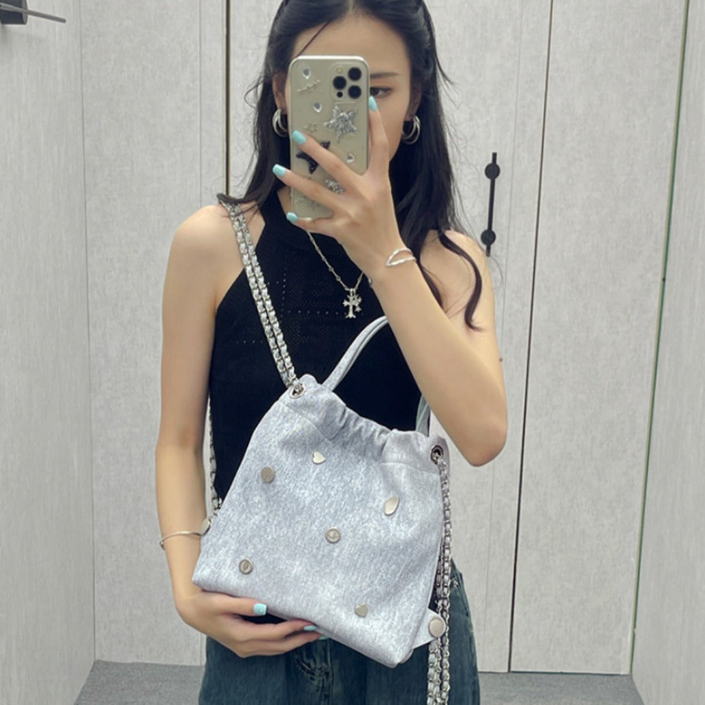 Denim blue chain backpack female, stylish and simple multi-functional portable shoulder bag, large capacity backpack with top handle - SJB-DIAMOND ELITES
