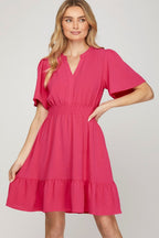 Ruffled Hem Notched Flutter Sleeve Mini Dress For Women Feminine and Playful Mini Dress with Ruffled Hem and Notched Flutter Sleeves for a Romantic Look