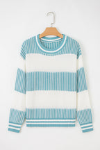 Light Blue Two Tone Striped Patchwork Drop Shoulder Sweater