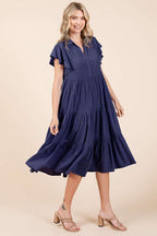 Ruffle Sleeve Collared V Neck Tiered Midi Dress For Women – Fluttering, Feminine and Polished Midi Dress with Layered Details For Any Occasion