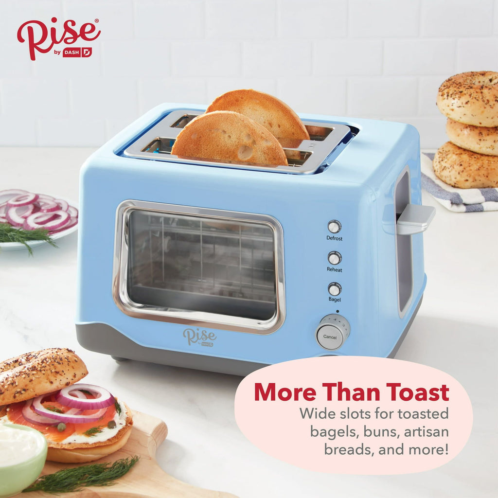 Rise by Dash Clear View Window 2-Slice Toaster Blue - Defrost, Reheat, Bagel, Auto Shut off, New