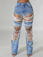 Women's Destroyed Ripped Hole Denim Pants Pearl Rhinestones Chain Distressed Slim Fit Skinny Jeans Y2K Night Club Party Jeans Purplish Diva