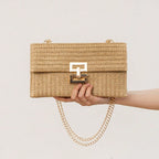 Bag ladies holiday shoulder bag, chain flip lock square purse, straw bag hobo shoulder bag women
