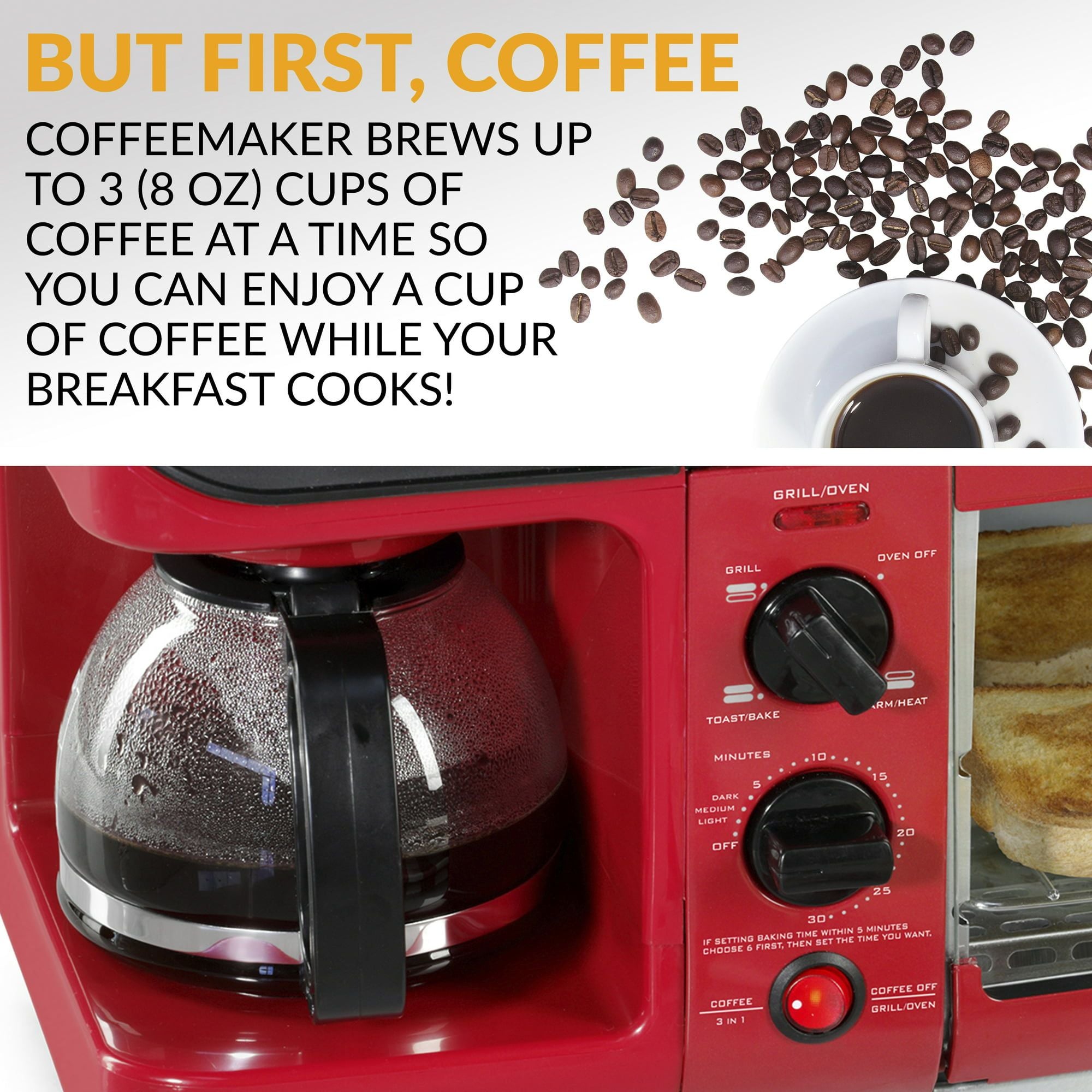 Nostalgia BST3RR Retro 3-in-1 Family Size Electric Breakfast Station, Coffeemaker, Griddle, Toaster Oven - Retro Red EasyOptionXY LLC