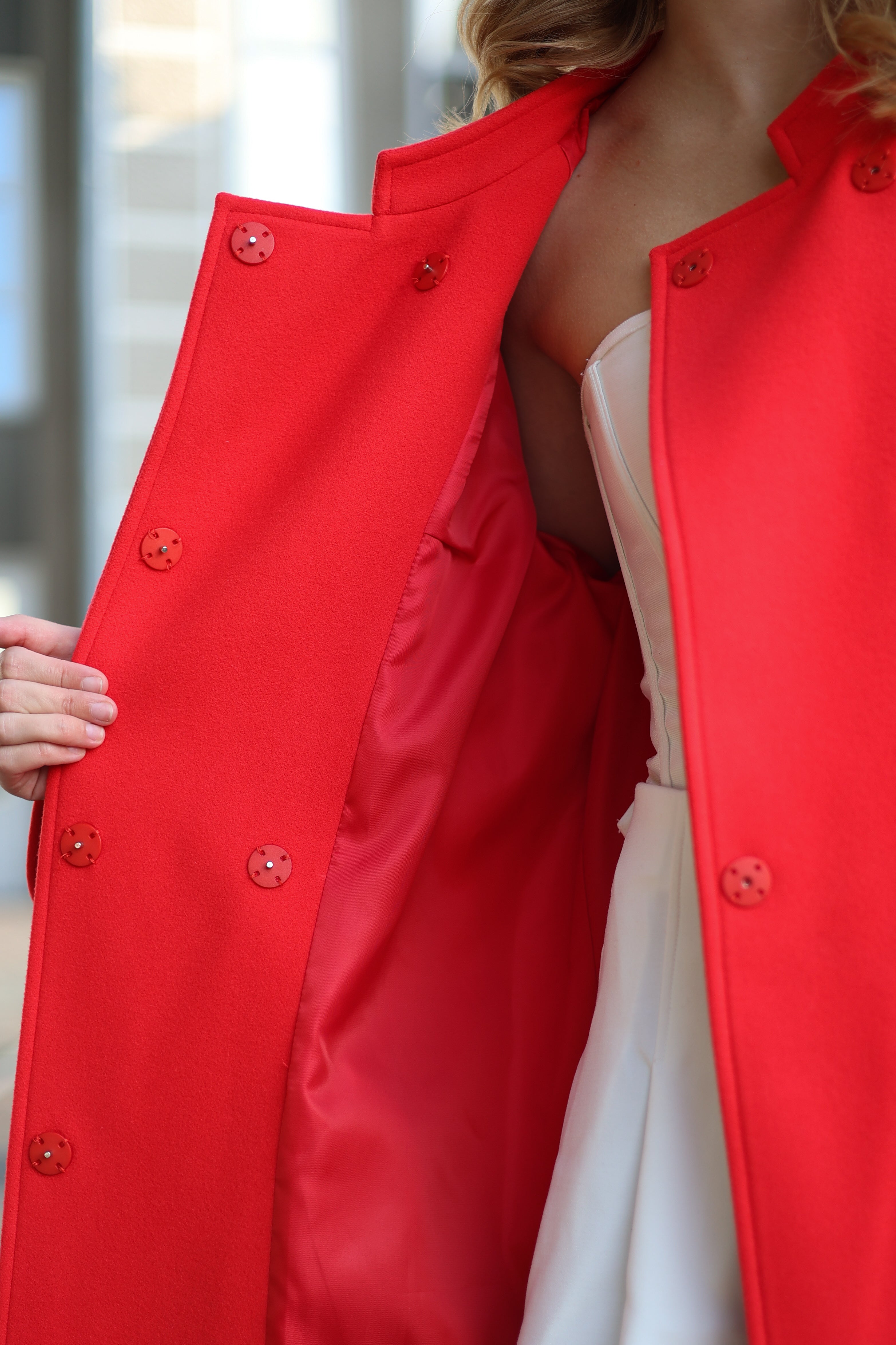 Band Collar Wool Blend Coat in Red - SJB-DIAMOND ELITES