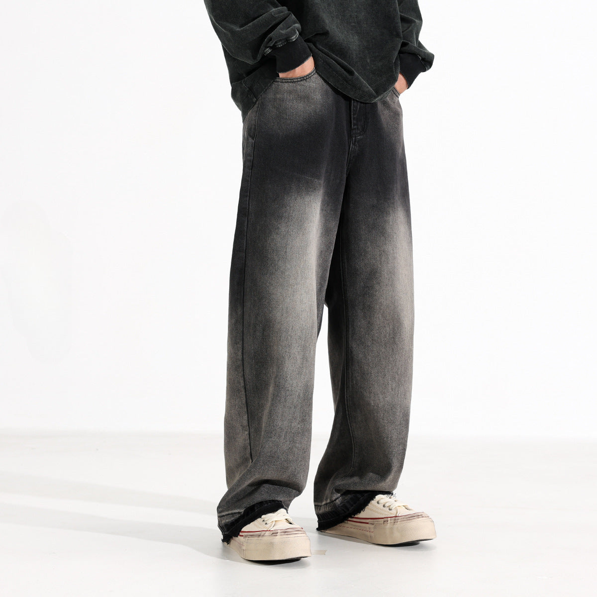 American-style Heavy Washed Black And Gray Straight Jeans Men's Loose Wide Leg Casual Trousers Lootquake LLC