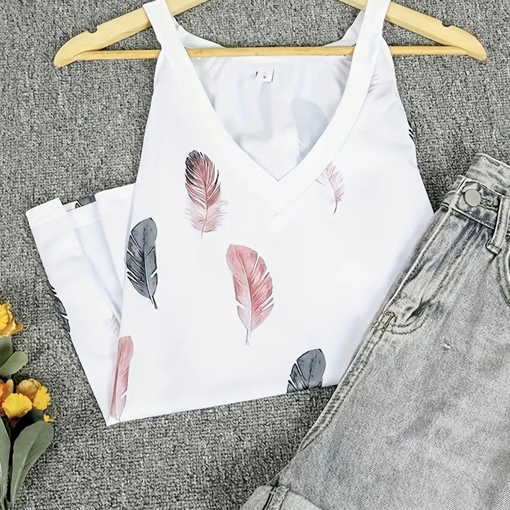 Ladies' V-neck Feather Print Fashionable Versatile Casual Camisole Vest - SJB-DIAMOND ELITES