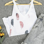 Ladies' V-neck Feather Print Fashionable Versatile Casual Camisole Vest - SJB-DIAMOND ELITES