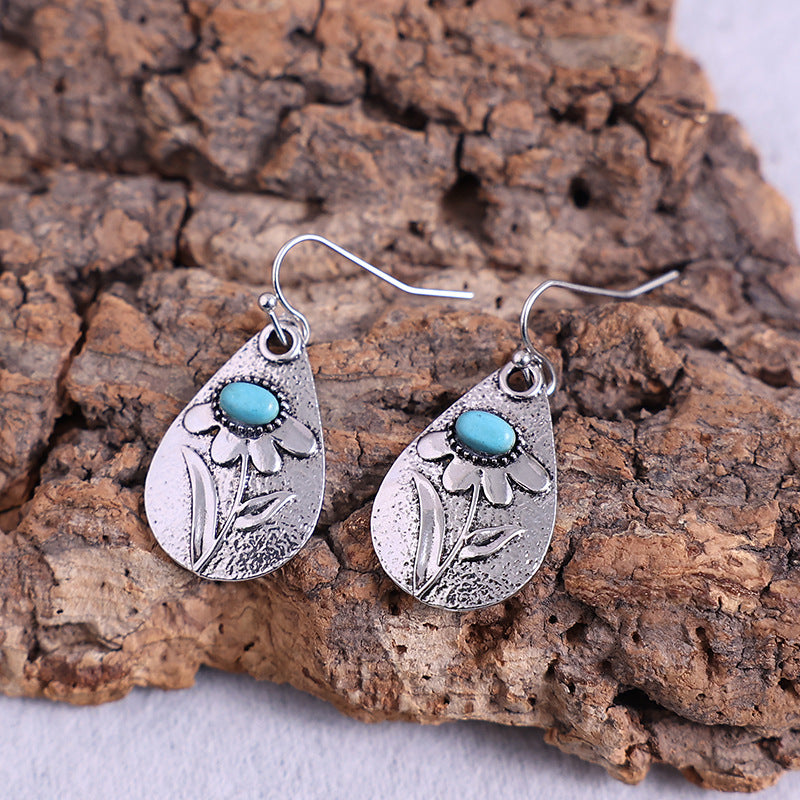 Alloy Carved Earrings Inlaid Turquoise Pi-Mart
